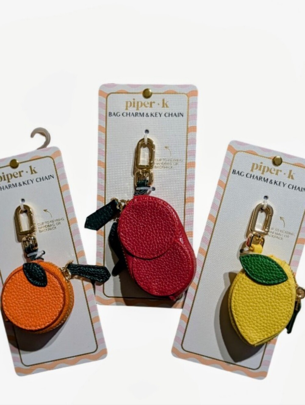 Piper K Fruit Coin Purse Bag Charm / Keychains Set of 3 Lemon, Orange & Cherries